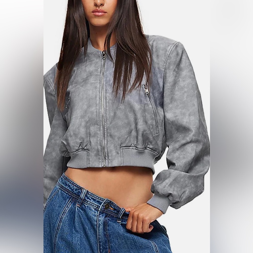 LIONESS  NWT
 Women' Faux Leather Ribbed Trim Bomber Jacket